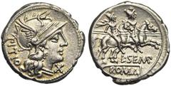 ROMAN REPUBLIC L. Sempronius Pitio, AR denier, 148 av. J.-C., Rome. D/ PITIO T. casquée de Roma à d. Sous le menton, . R/ L·SEMP/ ROMA Les Dioscures galopant à d. Cr. 216/1; Syd. 402. 3,92g Légèremen