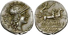 ROMAN REPUBLIC L. Atilius Nomentanus, AR denier, 141 av. J.-C., Rome. D/ T. casquée de Roma à d. Derrière, XVI. R/ Victoire conduisant un bige au galop à d. En dessous, L·ATILI. A l''ex., NOM. Cr. 225