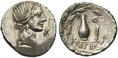 ROMAN REPUBLIC Q. Caecilius Metellus, AR denier, 81 av. J.-C., nord de l''Italie. D/ T. diad. de Pietas à d. Devant, cigogne à d. R/ Cruche et lituus. A l''ex., IMPER. Le tout dans une couronne de lau