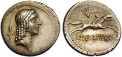 ROMAN REPUBLIC C. Piso Frugi, AR denier, 67 av. J.-C., Rome. D/ T. d''Apollon à d., les cheveux tenus par un bandeau. Derrière la tête, une fleur. R/ Cavalier au galop à d., ten. les rênes. En dessous