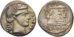 ROMAN REPUBLIC L. Scribonius Libo, AR denier, 62 av. J.-C., Rome. D/ BON EVENT- LIBO T. diad. de Bonus Eventus à d. R/ PVTEAL/ SCRIBON Autel orné d''une guirlande entre deux lyres. Devant, un marteau.
