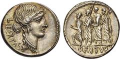 ROMAN REPUBLIC M. Iunius Brutus Q. Caepio, AR denier, 54 av. J.-C., Rome. D/ LIBERTAS T. de Libertas à d., parée de boucles d''oreilles et d''un collier. R/ BRVTVS Le consul L. Iunius Brutus marchant 