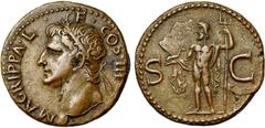 ROMAN EMPIRE (I) AGRIPPA (†12), AE as, Rome. Frappé sous Caligula. D/ M AGRIPPA L-F COS III T. à g., coiffée de la couronne rostrale. R/ S-C Neptune deb. à g., ten. un dauphin et un trident. BMC 142, 