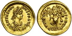 ROMAN EMPIRE (II) THEODOSE II (402-450), AV tremissis, 408-420, Constantinople. D/ DN THEODO-SIVS P F AVG B. diad., dr., cuir. à d. R/ VICTORIA- AVGVSTORVM/ CONOB Victoire avançant de f., t. à g., ten