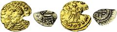 MIDDLE AGES MEROVINGIENS, lot de 2 p.: tremissis au type impérial de Justinien Ier dégénéré (ébréché); fragment de tremissis en électrum, imitation du type de Chalon. Beau à Très Beau Fine - Very Fine