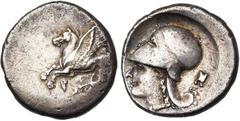 GREEK WORLD CORINTHE, AR statère, 386-307 av. J.-C. D/ Pégase en vol à g. Dessous, . R/ T. casquée d''Athéna à g. Sous le menton, A. Derrière la nuque, astragale. Ravel 1039. 8,36g Légèrement décentr
