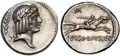 ROMAN REPUBLIC C. Piso Frugi, AR denier, 67 av. J.-C., Rome. D/ T. l. d''Apollon à d. Derrière, branche d''olivier. R/ Cavalier au galop à d., ten. une palme. En dessous, C·PISO L·F FRVG. Au-dessus, M