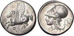 Collection A. BLONDEL : Greece CORINTHE, AR statère, 386-307 av. J.-C. D/ Pégase en vol à g. Dessous, ?. R/ T. casquée d''Athéna à g. Sous le menton, ?. A d., colombe en vol à g. dans une couronne. Ra