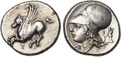 Collection A. BLONDEL : Greece CORINTHE, AR statère, 386-307 av. J.-C. D/ Pégase en vol à g. Dessous, ?. R/ T. casquée d''Athéna à g. De part et d''autre, ?-I. A d., Hermès deb. de f., ten. un caducée