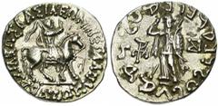 ROYAUME INDO-SCYTHE, Azès (-57-5), AR tétradrachme, 30-20 av. J.-C. Taxila Sirsukh. Droit : Le roi chevauchant à droite. A droite, [..]. Revers : Pallas debout de face. A gauche, [..]. A droite, [..].