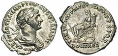 TRAJAN (98-117), AR denier, 112-117, Rome. Droit : IMP CAES NER TRAIAN OPTIM AVG GERM DAC B. l., drapé à droite. Revers : PARTHICO P M TR P COS VI PP SPQR/ FORT RED Fortuna assise à gauche, tenant un 