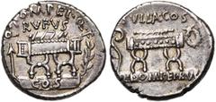 ROMAN REPUBLIC Q. Pompeius Rufus, AR denier, 54 av. J.-C., Rome. D/ Q·POMPEI·Q·F/ RVFVS Chaise curule. A g., flèche. A d., rameau d''olivier. En dessous, sur une tablette, COS. R/ SVLLA·COS Chaise cur