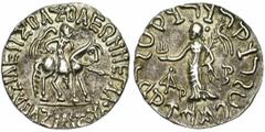 ROYAUME INDO-SCYTHE, Azilisès (57-35), AR tétradrachme, Droit : Le roi, tenant une lance, à cheval à droite. Revers : La déesse de la Cité, debout à gauche, tenant une lampe et une palme. A gauche, [.