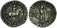 ROYAUME INDO-SCYTHE, Azès (-57-5), AR tétradrachme, Droit : Le roi chevauchant à droite, tenant un fouet. Devant, [..]. Revers : Athéna debout à droite, tenant une lance transversale. Derrière, Φ/ [..