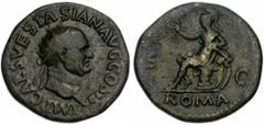 VESPASIEN (69-79), AE dupondius, 71, Rome. Droit : IMP CAES VESPASIAN AVG COS III Tête radié à droite. Revers : S-C Roma casquée, assise à gauche sur une cuirasse, tenant une couronne et le palladium.