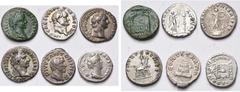 ROMAN EMPIRE lot de 5 deniers et un semis: Tibère César, semis, R/ Autel de Lyon; Vespasien, R/ Victoire; Domitien, R/ Minerve; Trajan, R/ Vesta; Antonin le Pieux divinisé, R/ Pyramide funéraire; Faus