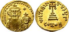 BYZANTIUM Constant II (641-668), AV solidus, 654-659, Constantinople. Off. Γ. D/ B. de f. de Constant II avec longue barbe et de Constantin IV. Entre leurs t., une croix. R/ VICTORIA- AVΓ/ CONOB Cro