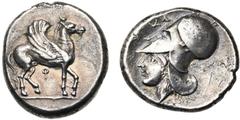 CONTINENTAL GREECE CORINTHE, AR statère, 400-350 av. J.-C. D/ Pégase bridé au pas à d. Dessous, . R/ T. casquée d''Athéna à g. Devant le casque, Y/Y. Derrière, E (rétrograde)/T. Ravel 661; Calciati, 