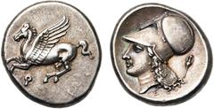CONTINENTAL GREECE CORINTHE, AR statère, 386-307 av. J.-C. D/ Pégase en vol à g. Dessous, . R/ T. casquée d''Athéna à g. A d., une amphore. Sous la tranche du cou, E. Ravel 998. 8,58g Patiné. Très Be