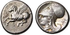 CONTINENTAL GREECE CORINTHE, AR statère, 386-307 av. J.-C. D/ Pégase en vol à g. Dessous, . R/ T. casquée d''Athéna à g. Sous le menton, [A]. Derrière la nuque, une couronne. Ravel 1041. 8,45g Belle 