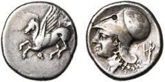 CONTINENTAL GREECE CORINTHE, AR statère, 386-307 av. J.-C. D/ Pégase en vol à g. Dessous, . R/ T. csquée d''Athéna à g. Devant le menton, A. Derrière la t., Y et statuette de Déméter à g., ten. une t
