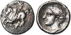 CONTINENTAL GREECE CORINTHE, AR drachme, 350-338 av. J.-C. D/ Pégase en vol à g. Dessous, . R/ T. d''Aphrodite à g., avec collier et boucle d''oreille, les cheveux tités vers l''arrière. De part et d