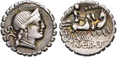 ROMAN REPUBLIC C. Naevius Balbus, AR denier serratus, 79 av. J.-C., Rome. D/ T. diad. de Vénus à d. Derrière, S·C. R/ C·NAE·BALB Victoire conduisant un trige à d. Au-dessus, XXVII. Cr. 382/1b; Syd. 76