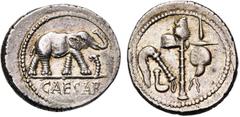 ROMAN REPUBLIC Jules César, AR denier, 49-48 av. J.-C., Gaule. D/ CAESAR Eléphant à d. piétinant un dragon. R/ Emblèmes sacerdotaux: culullus, aspergillum, hache et apex. Cr. 443/1; Syd. 1006. 4,06g. 