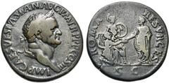 AUGUSTE – CRISPINE VESPASIEN (69-79), AE padouan, Giovanni Cavino. D/ IMP CAES VESPASIAN AVG PM TR P P P COS III T. l. à d. R/ ROMA RESVRGES/ SC L''empereur deb. à g., relevant Roma agenouillée devant