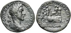 AUGUSTE – CRISPINE COMMODE Auguste (177-192), AE sesterce, 181, Rome. D/ M COMMODVS ANTONINVS AVG B. l. à d., l''épaule g. dr. R/ P M TR P VI IMP IIII COS III P P/ LIB AVG IIII L''empereur assis à g. 