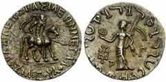 ROYAUME INDO-SCYTHE, Azilisès (57-35), AR tétradrachme, Droit : Le roi, tenant une lance, à cheval à droite. Revers : La déesse de la Cité, debout à gauche, tenant une lampe et une palme. A gauche, [.