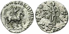 ROYAUME INDO-SCYTHE, Azès (-57-5), AR drachme, 20-1 av. J.-C. Hazara. Droit : Le roi chevauchant à droite. A droite, [..]. Revers : Pallas debout à droite, tenant une lance transversale. A gauche, [..