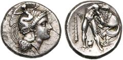 MAGNA GRAECIA LUCANIE, HERACLEE, AR statère, vers 350 av. J.-C. D/ T. casquée d''Athéna à d., le casque orné de Scylla. R/ Héraclès luttant contre le lion de Némée. Derrière, une massue et [ΠΟΛ]. Entr