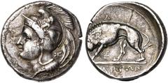 MAGNA GRAECIA LUCANIE, VELIA, AR didrachme, 350-320 av. J.-C. D/ T. casquée d''Athéna à g., le casque orné d''un Centaure. Derrière la nuque, . R/ YEΛHTΩN Lion à g. dévorant une tête de bélier. Au-de