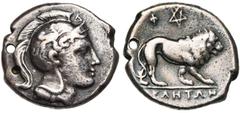 MAGNA GRAECIA LUCANIE, VELIA, AR didrachme, 305-290 av. J.-C. D/ T. casquée d''Athéna à d., le casque orné d''un griffon. Devant la crête, Δ. R/ YEΛHTΩN Lion marchant à d. Au-dessus, Φ/ pentagramme/ I