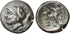 MAGNA GRAECIA BRUTTIUM, Ligue des Brettiens, AE double unité, 213-207 av. J.-C. D/ T. casquée d''Arès à g., le casque orné d''un Pégase. Un épi sous le cou. R/ BPET-TIΩN Niké deb. à g., ten. une palme