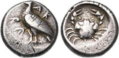 MAGNA GRAECIA SICILE, AGRIGENTE, AR didrachme, 500-480 av. J.-C. D/ AK-RA Aigle à g. R/ Crabe. SNG ANS 953; SNG München 51 (mêmes coins); Jenkins, Gela, gr. IV. 8,43g Patiné. Très Beau Very Fine Provi