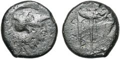 MAGNA GRAECIA SICILE, AMESELON, AE bronze, vers 340-330 av. J.-C. D/ T. casquée d''Athéna à d. R/ Trépied. SNG ANS -; HGC 224; Calciati III, 1. 16,23g Rare Surfrappé. Patine brun-vert. Beau Fine