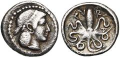 MAGNA GRAECIA SICILE, SYRACUSE, AR litre, 485-479 av. J.-C. D/ T. d''Aréthuse à d., les cheveux retenus par un collier de perles. R/ ΣV-R-A Poulpe. Boehringer 424; SNG ANS 132. 0,80g Patiné. Très Beau