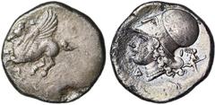 CONTINENTAL GREECE & ASIA CORINTHE, AR statère, 386-307 av. J.-C. D/ Pégase en vol à g. Dessous, . R/ T. d''Athéna casquée à g. De part et d''autre, Δ-I. Derrière la t., Artémis courant à d., ten. un