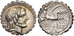 ROMAN REPUBLIC Q. Antonius Balbus, AR denier serratus, 83-82 av. J.-C., Rome. D/ T. l. de Jupiter à d. Derrière, S·C. R/ Victoire conduisant un quadrige au galop à d., ten. les rênes, une palme et une