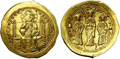 BYZANTIUM Eudocia (1067), AV histamenon, Constantinople. D/ Le Christ trônant de f., bénissant et ten. les Evangiles. R/ Eudocia deb. de f., ten. un sceptre, entre ses fils Michel et Constantin, ten. 