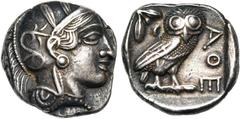 GREEK WORLD : ETRURIA - NUMIDIA ATTIQUE, ATHENES, AR tétradrachme, vers 480-450 av. J.-C. D/ T. casquée d''Athéna à d., le casque orné d''un fleuron et defeuilles d''olivier. R/ AΘE Chouette à d., t. 