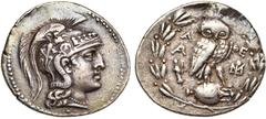 GREEK WORLD : ETRURIA - NUMIDIA ATTIQUE, ATHENES, AR tétradrachme, 183-182 av. J.-C. D/ T. casquée d''Athéna à d., le casque orné d''un Pégase. R/ A-ΘE Chouette sur une amphore. A g.,  et terme d''He