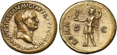 ROMAN EMPIRE : AUGUSTE - NERVA VESPASIEN (69-79), AE sesterce, 71, Lyon. D/ IMP CAES VESPASIAN AVG PM TR P P P COS III T. l. à d. Sous le cou, un globule. R/ ROMA/ S-C Roma en habit militaire, deb. à 