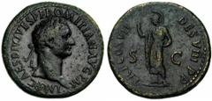 DOMITIEN Auguste (81-96), AE sesterce, 81, Rome. Droit : IMP CAES DIVI VESP F DOMITIAN AVG P M Tête l. à droite. Revers : TR P COS VII- DES VIII P P/ S-C Minerve debout à gauche, tenant une lance de l