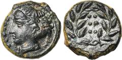 GREEK WORLD SICILE, HIMERA, AE hémilitre, 413-408 av. J.-C. D/ IME T. fém. à g. Devant, six globules. R/ Six globules dans une couronne de laurier. SNG ANS 186; SNG Cop. 320; Calciati 35; Mini, Sicili