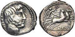 ROMAN REPUBLIC L. Titurius Sabinus, AR denier, 89 av. J.-C., Rome. D/ T. du roi Tatius barbu à d. Derrière, SABIN. R/ Victoire conduisant un bige au galop à d., couronnant les chevaux. En dessous, L·T