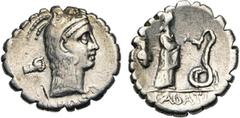 ROMAN REPUBLIC L. Roscius Fabatus, AR denier serratus, 64 av. J.-C., Rome. D/ [L·ROSCI] T. de Junon Sospita à d., coiffée de la peau de chèvre. A g., poing serré. R/ FABATI Jeune fille deb. à d., nour