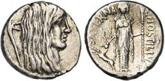 ROMAN REPUBLIC L. Hostilius Saserna, AR denier, 48 av. J.-C., Rome. D/ T. de femme à d. Derrière, carnyx. R/ L·HOSTILIVS- SASERNA Artémis deb. de f., ten. une lance et posant la main d. sur la t. d''u